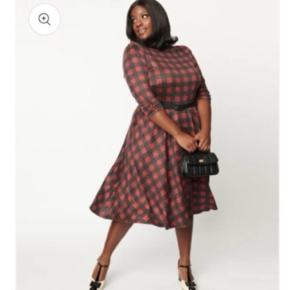 NWOT Unique Vintage Red and Black Plaid Long Sleeve Dress